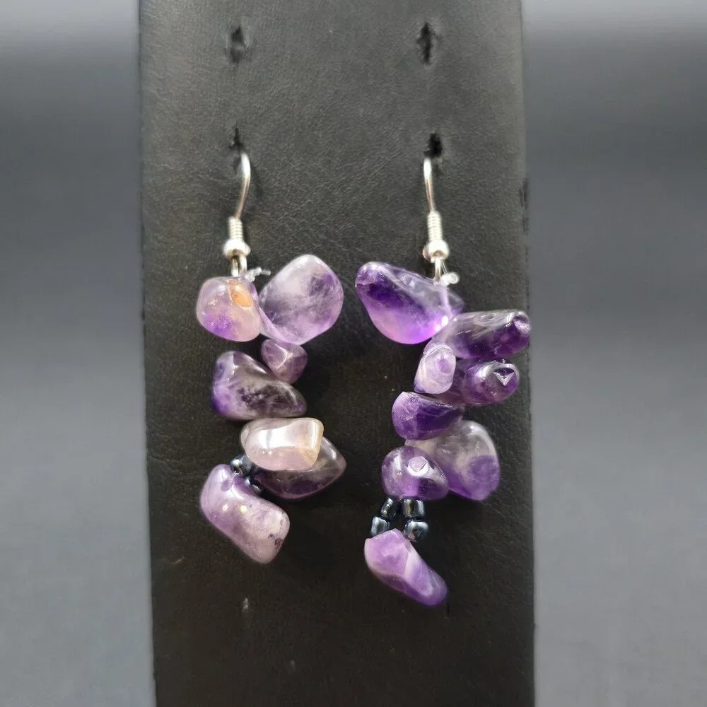 Silver Plated Amethyst Stone Chain Handmade Earrings A7006 - Picture 1 of 5